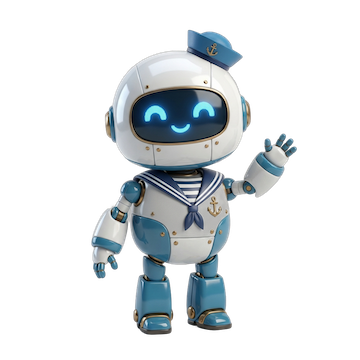 Jib — a friendly blue and white robot mascot wearing a sailor outfit, waving hello